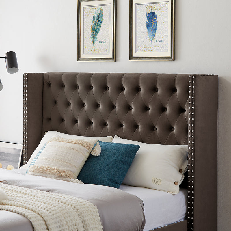 B100S Queen bed, Button designed Headboard,strong wooden slats + metal legs with Electroplate