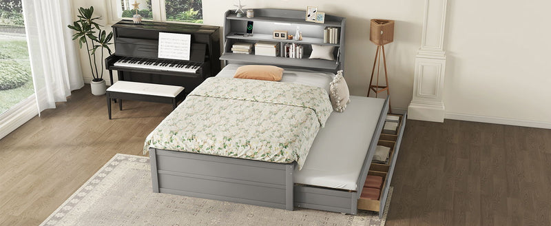 Wooden LED Platform Bed With Trundle, With Storage Headboard, With Drawers