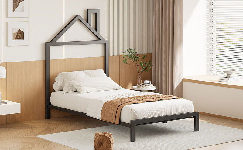 Twin Size Metal Platform Bed With House-Shaped Headboard Design