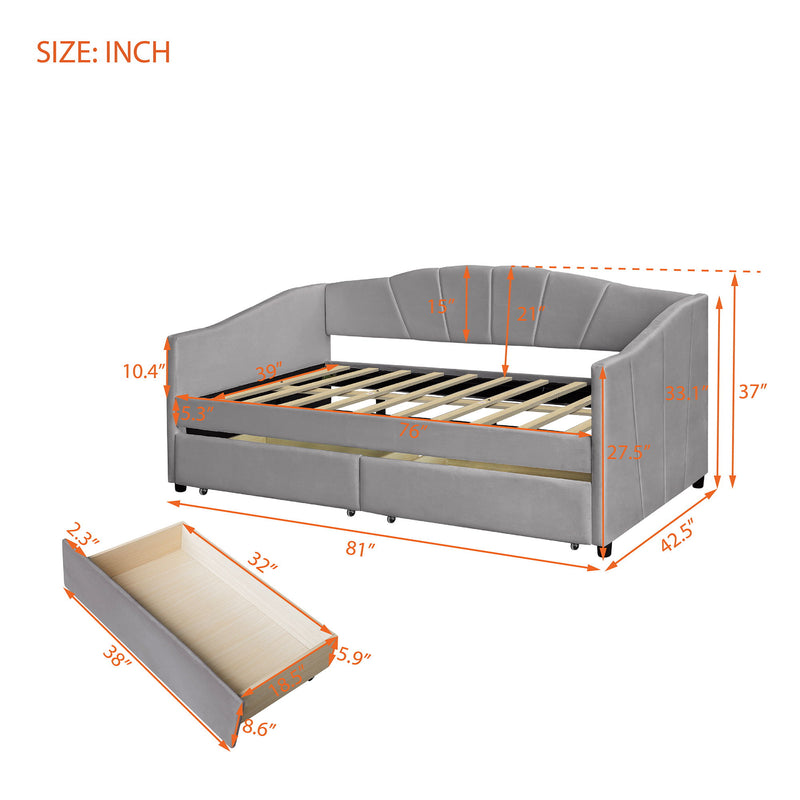 Twin Size Upholstered Daybed With Two Drawers And Wood Slat - Gray