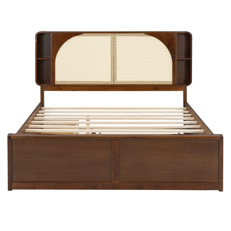 Queen Size Rattan Headboard Bed With Two Drawers And Trundle Walnut