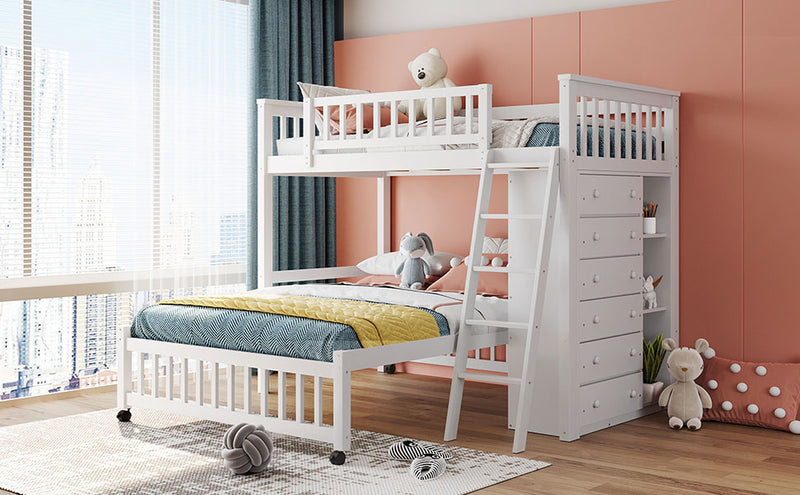 Wooden Twin Over Full Bunk Bed With Six Drawers And Flexible Shelves,Bottom Bed With Wheels,White(OLD SKU:LP000531AAK)