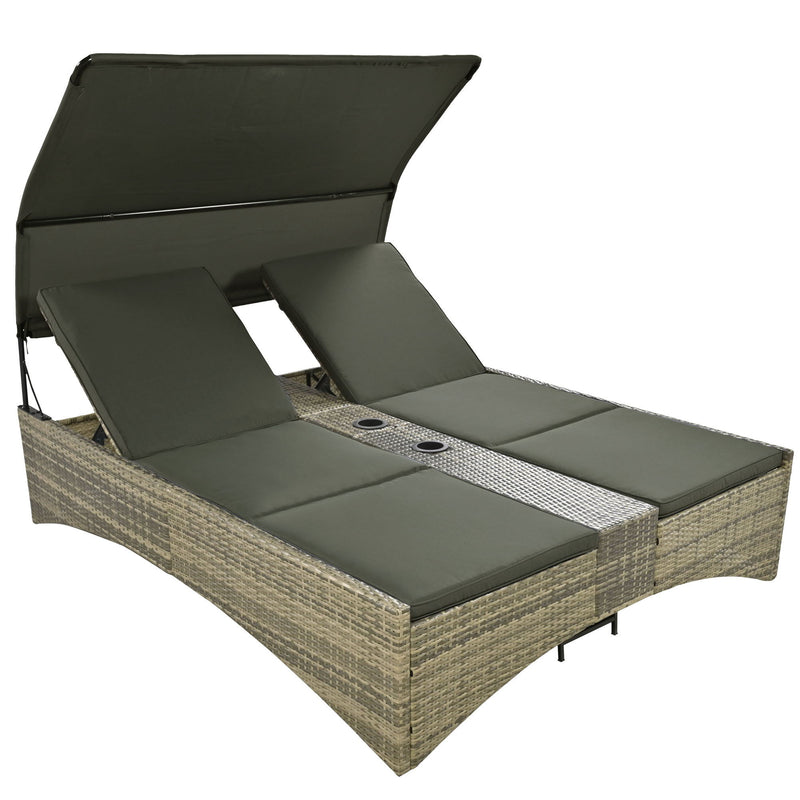 Patio Daybed Outdoor Daybed Sun Lounger With Shelter Roof With Adjustable Backrest, Storage Box And 2 Cup Holders For Patio, Balcony, Poolside