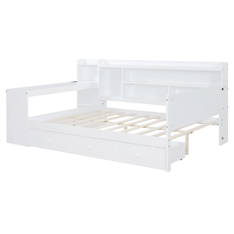 Full Size Wooden Daybed With 3 Drawers, USB Ports And Desk - White