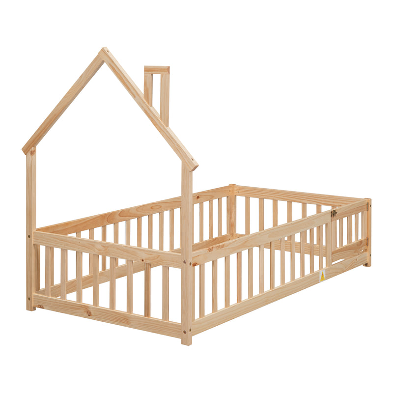 Twin House-Shaped Headboard Floor Bed with Fence
,Natural