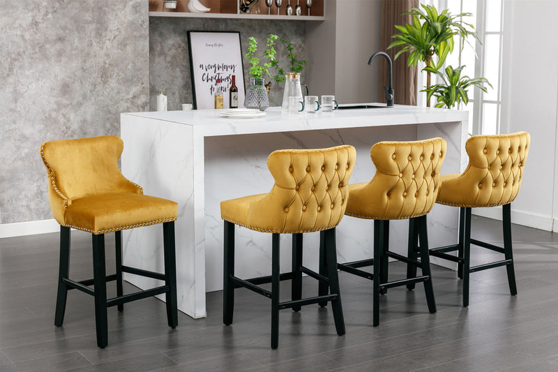 Contemporary Velvet Upholstered Wing-Back Barstools With Button Tufted Decoration And Wooden Legs, And Chrome Nailhead Trim, Leisure Style Bar Chairs, Bar Stools (Set of 4)