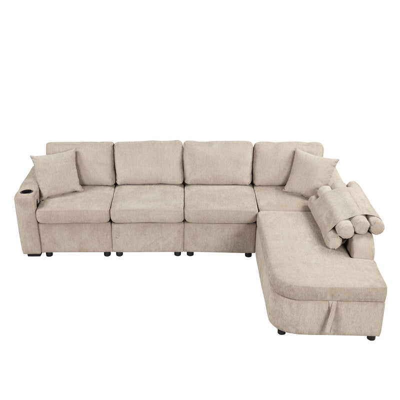 L-Shaped Couch Sectional Sofa With Storage Chaise, Cup Holder And USB Ports For Living Room