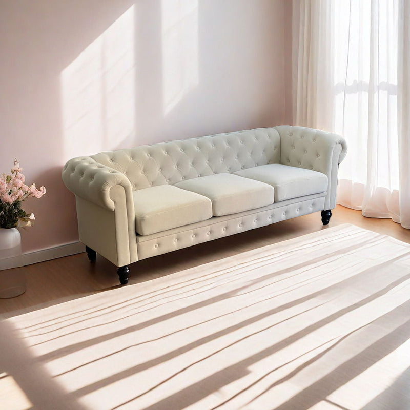 Chesterfield Sofa, 3-Seater Plush Fabric With Tufted Buttons And Wooden Legs, Classic Design - Beige