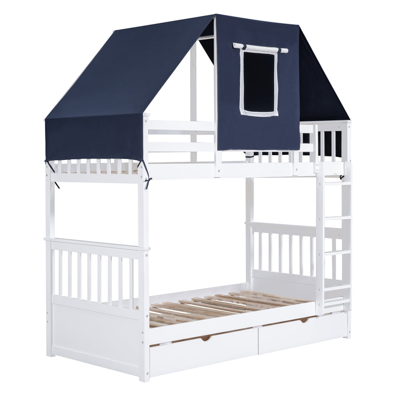 Twin Over Twin Bunk Bed Wood Bed with Tent and Drawers, White+Blue Tent