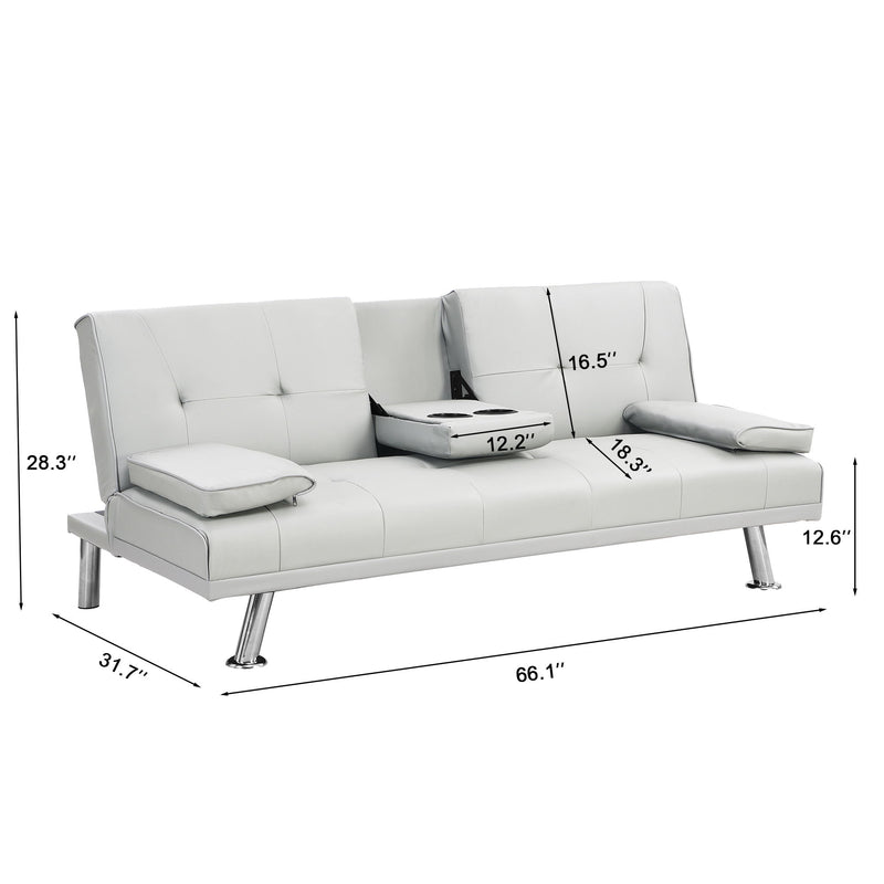 Sofa Bed With Armrest Two Holders Wood Frame, Stainless Leg, Futon - White