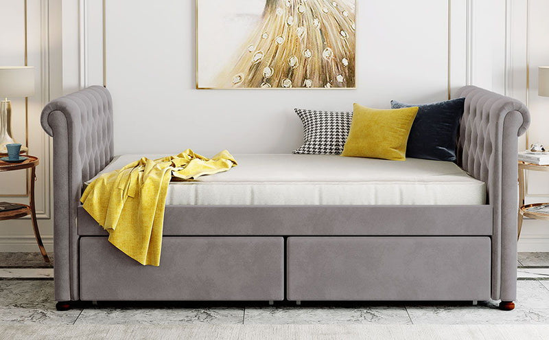 Upholstered Daybed With Drawers, Wood Slat Support