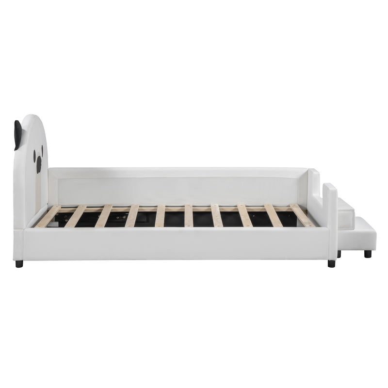 Twin Size Upholstered Daybed with Bear Shaped Headboard, Hydraulic System and Breathable Mesh Fence, White