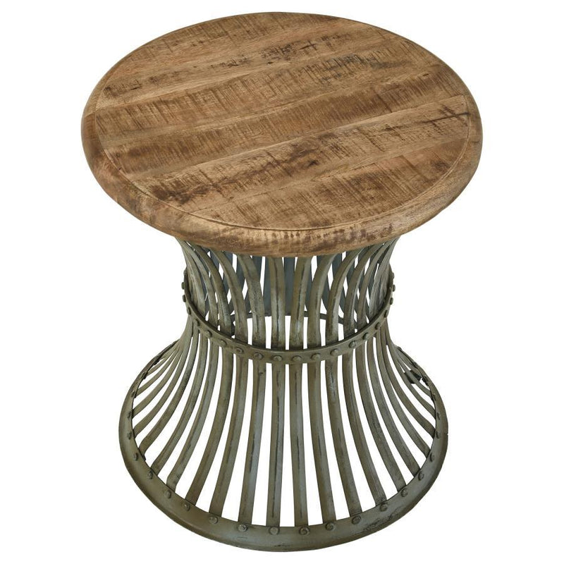 Matyas - Round Accent Table With Natural Top And Blue Distressed Base