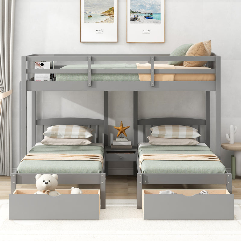 Twin over Twin & Twin Bunk Bed with Two Drawers and Built-in Middle Drawer, Gray