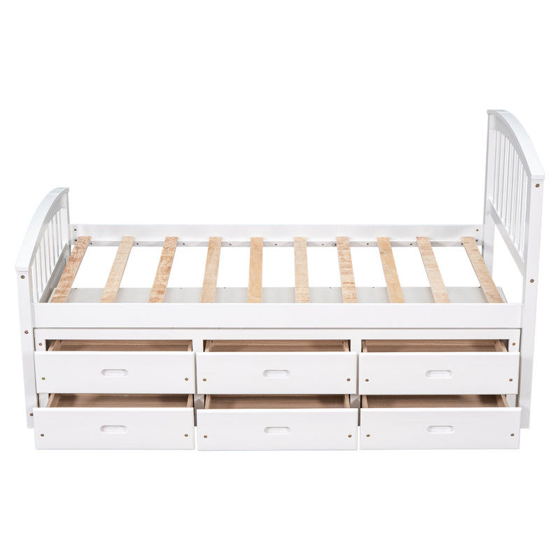 Twin Size Platform Storage Bed Solid Wood Bed with 6 Drawers,White