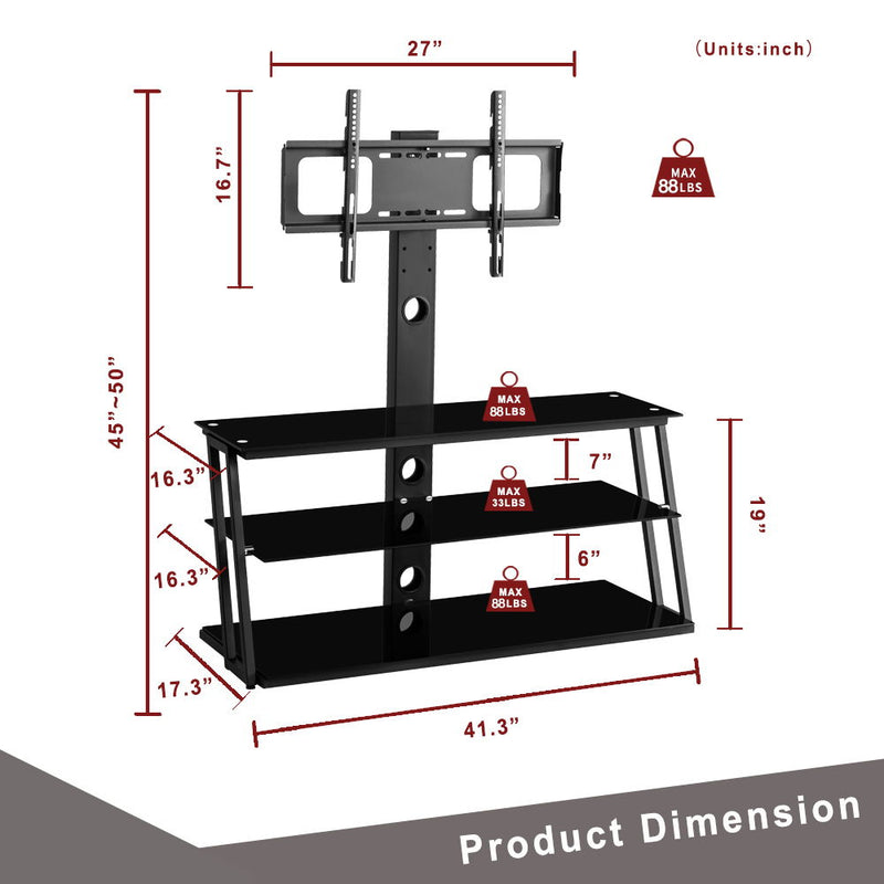 Multi-Function Angle And Height Adjustable Tempered Glass TV Stand - Black