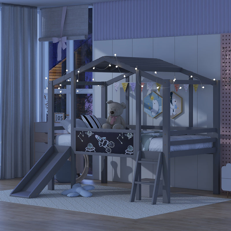 Twin Size Loft Bed with Ladder and Slide, House Bed with Blackboard and Light Strip on the Roof, Gray