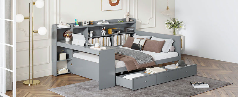 Full Size Wooden Daybed With 3 Drawers, USB Ports And Desk - Gray