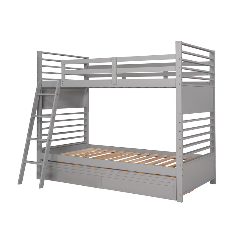 Twin over Twin Wood Bunk Bed with Two Drawers - Gray