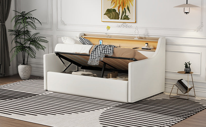 Twin Size Daybed with Hydraulic Storage, Upholstered Daybed with Lift Up Storage, Twin Leather Daybed with Charging Station and LED Lights,White(Expect arrival date Feb.13rd)