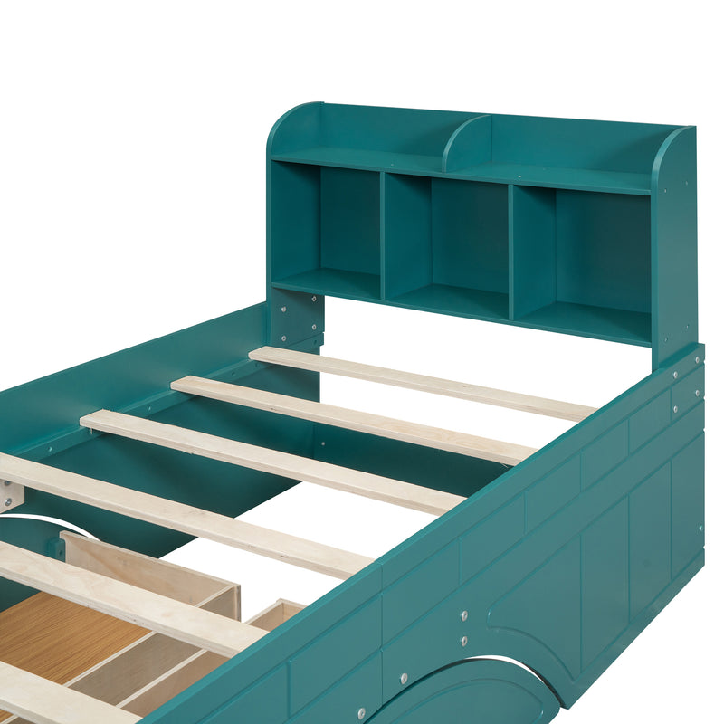 Wood Twin Size Platform Bed with 2 Drawers, Storage  Headboard and Footboard, Dark Green