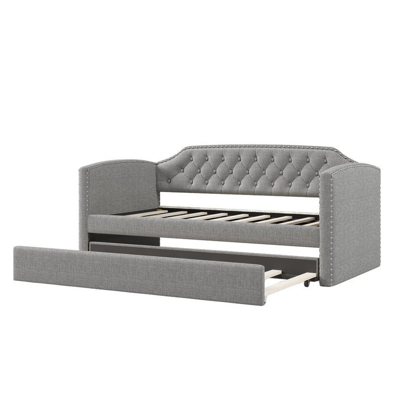 Twin Size Upholstered Daybed with Trundle for Guest Room, Small Bedroom, Study Room, Gray