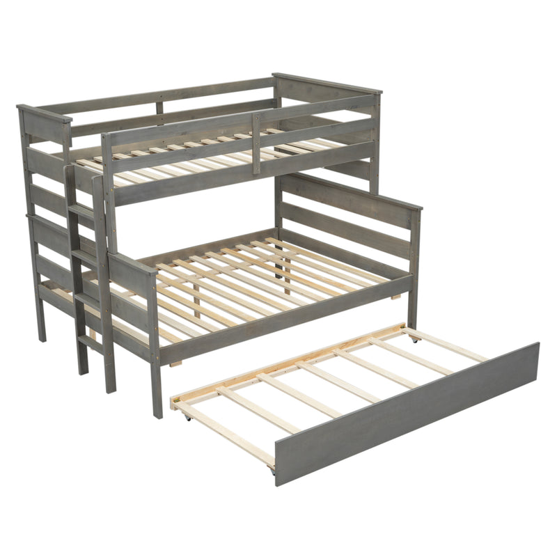 Wood Twin over Full Bunk Bed with Twin Size Trundle, Gray