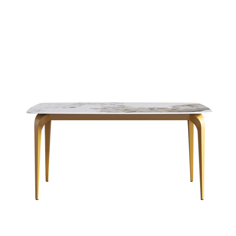 63" Modern Artificial Stone Pandora White Curved Golden Metal Leg Dining Table - Antique White / Gold