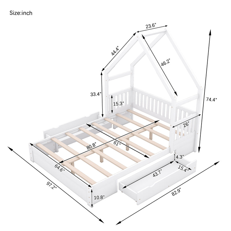 Wood Queen Size House Platform Bed with Guardrail and 2 Drawers, White (Expected Arrival Time:4.26)