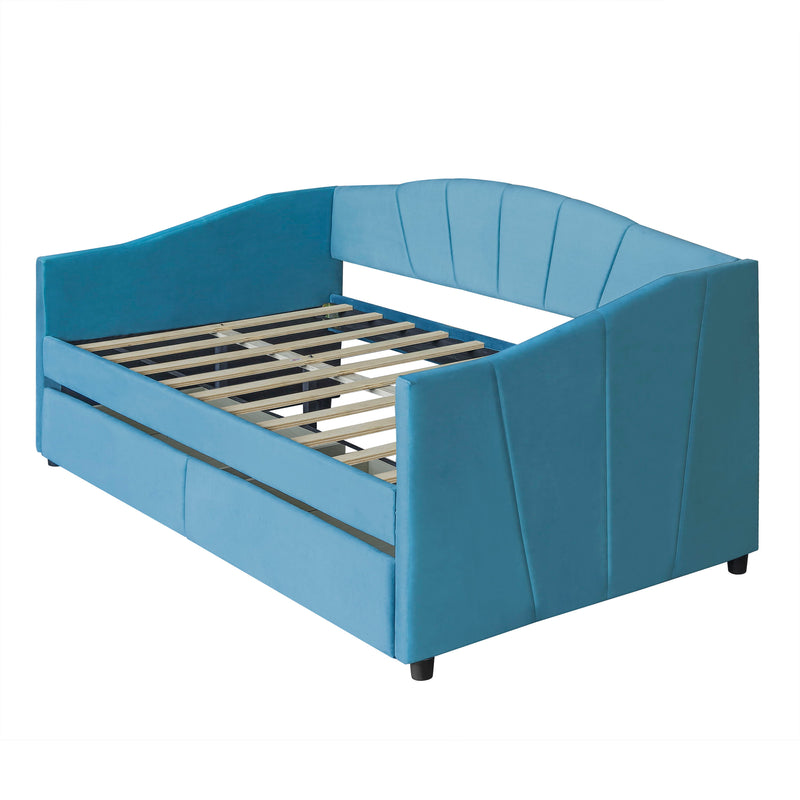 Twin Size Upholstered Daybed With Two Drawers And Wood Slat - Blue