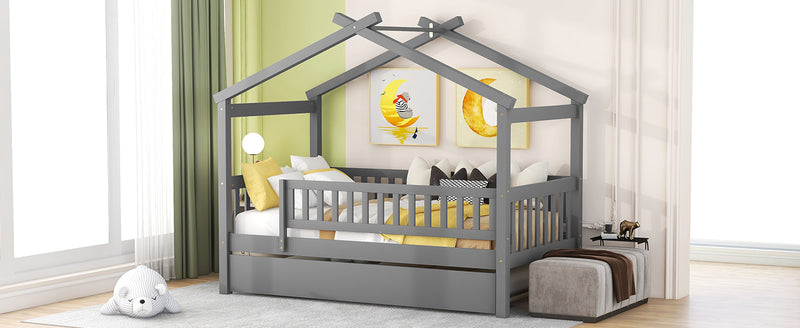 Twin Size Wooden House Bed with Twin Size Trundle, Gray