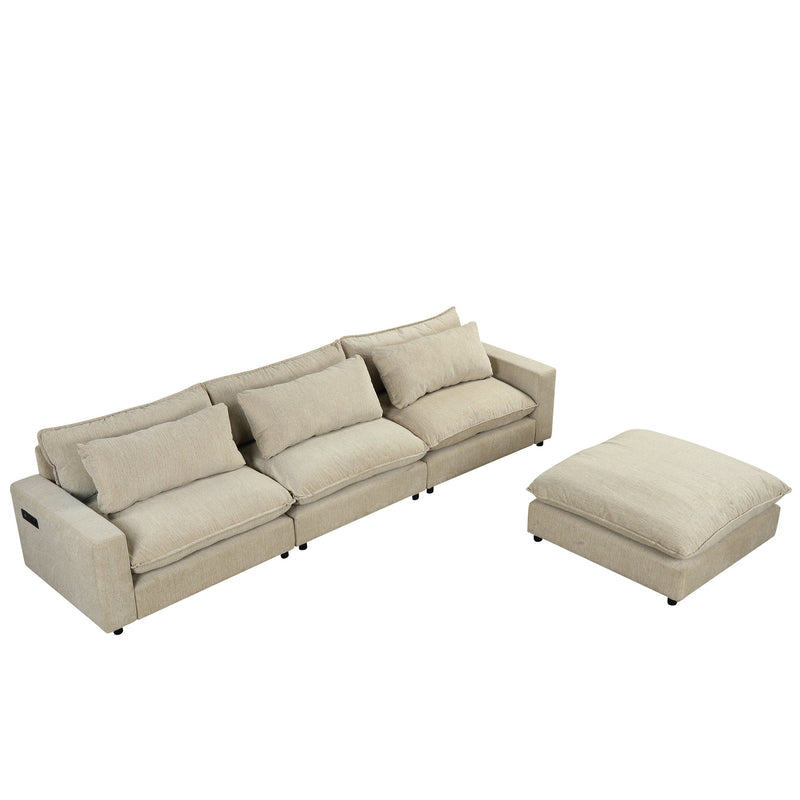 Sectional Sofa Cloud Sofa Chenille Upholstered Sofa Couch With Movable Ottoman, Comfortable Seat Cushions, Charging Ports And Three Back Pillows For Living Room