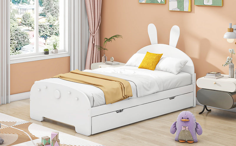 Wood Twin Size Platform Bed with Cartoon Ears Shaped Headboard and Trundle, White