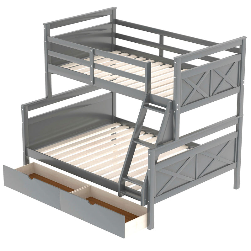 Twin Over Full Bunk Bed With Ladder, Two Storage Drawers, Safety Guardrail