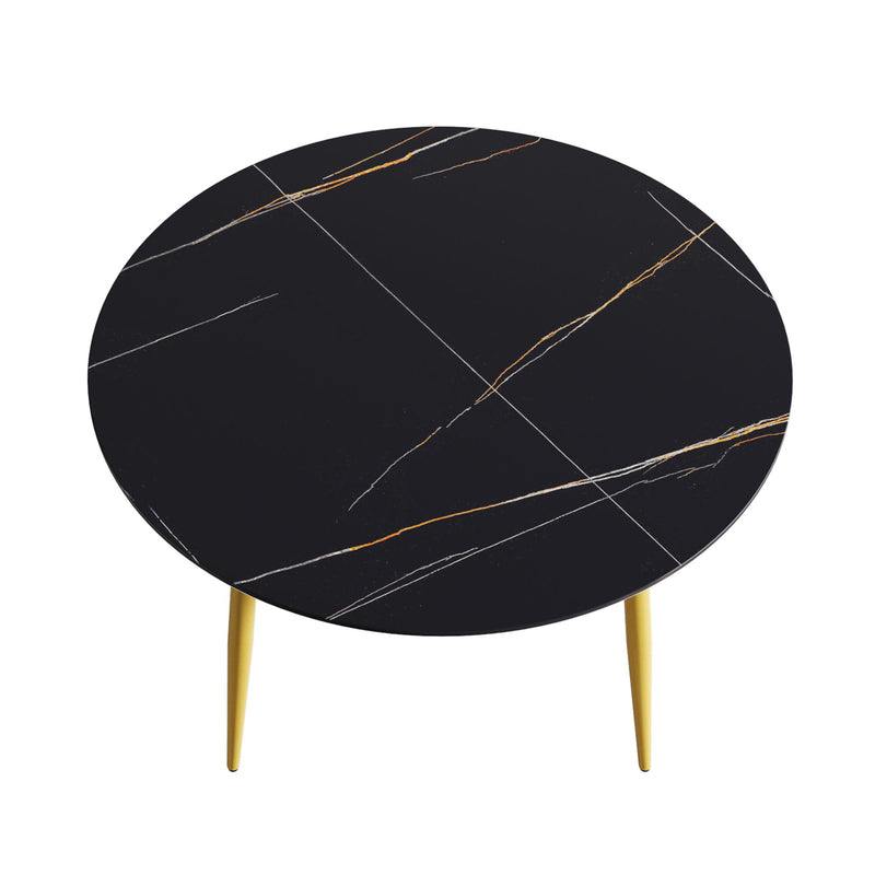 Modern Artificial Stone Round Dining Table With Golden Metal Legs, Can Accommodate 6 People - Black