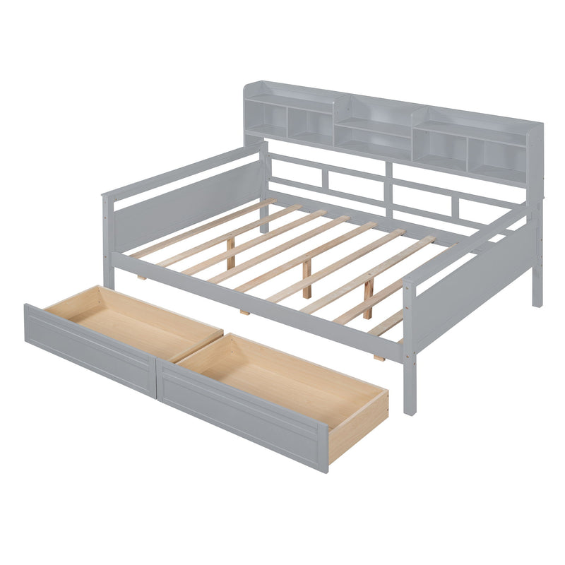 Daybed, Wood Slat Support, With Bedside Shelf And Two Drawers