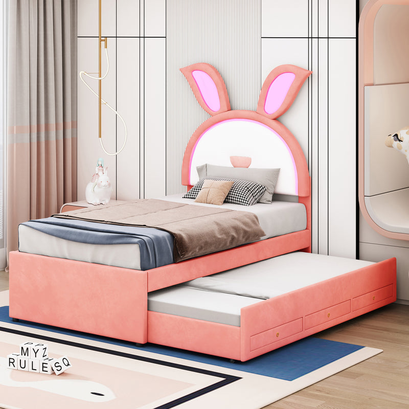 Twin Size Upholstered Platform Bed with Trundle and 3 Drawers, Rabbit-Shaped Headboard with Embedded LED Lights, Pink