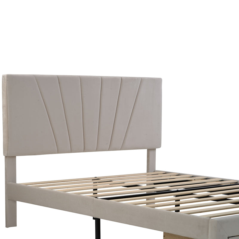 Queen Size Storage Bed Velvet Upholstered Platform Bed With A Big Drawer - Beige