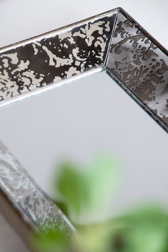 Rectangle Mirror With Floral Accents, Mirrored Display Tray, Hanging Wall Mirror - Antique Silver