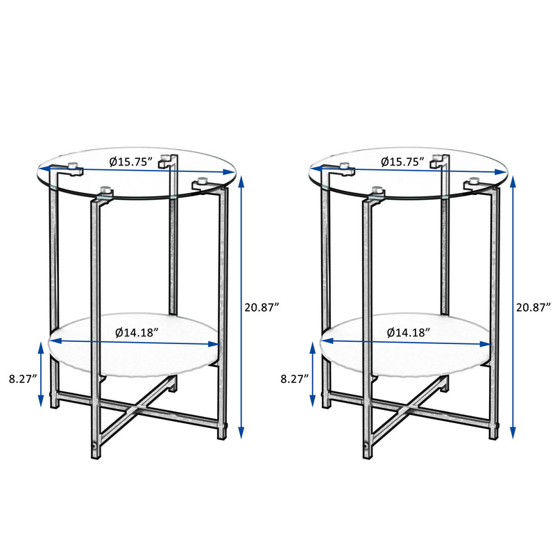 Tempered Glass End Tables (Set of 2), Round Coffee Tables For Living Room - White / Black