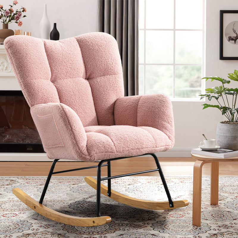 Teddy Rocking Chair, Upholstered Rocker Armchair With High Backrest, Modern Rocking Accent Chair For Nursery, Living Room