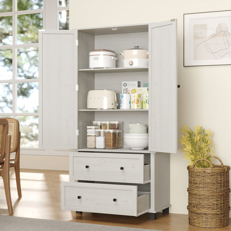 Kitchen Pantry Storage Cabinet With 2 Drawers And 3 Shelves, Minimalist Wood Large Storage Cabinet For Kitchen - Antique White