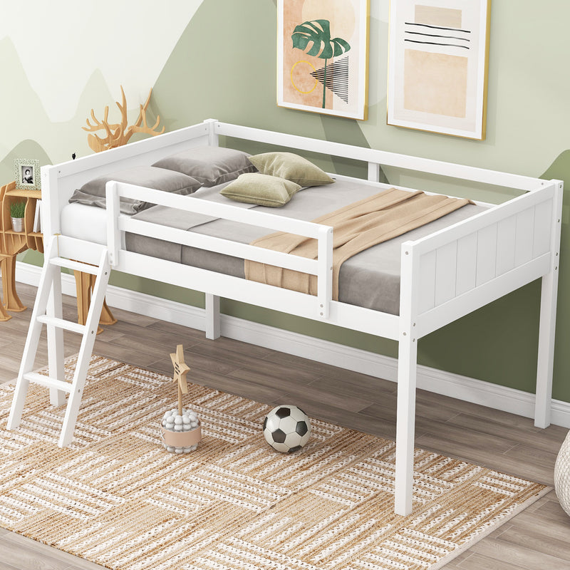 Twin Size Wood Loft Bed with Ladder, ladder can be placed on the left or right, White