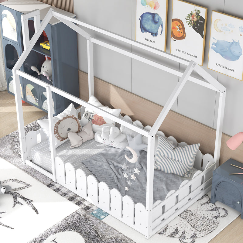 {Slats are not included}Twin Size Wood Bed House Bed Frame with Fence,for Kids,Teens, Girls,Boys {White}{OLD SKU:WF194274AAK}