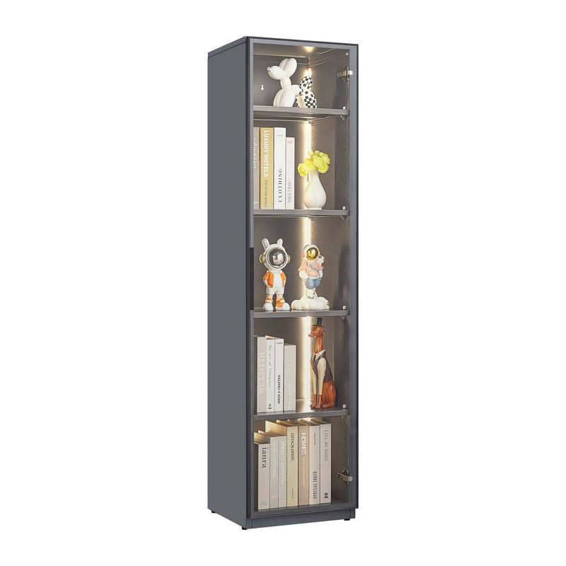 Single Glass Door Metal Storage Cabinet For Storing Photo Frames, Models, Handicrafts Display Cabinets With Removable Dividers And Led Light Strips - Gray