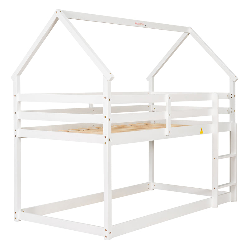 Twin over Twin Loft Bed with Roof Design, Safety Guardrail, Ladder, White