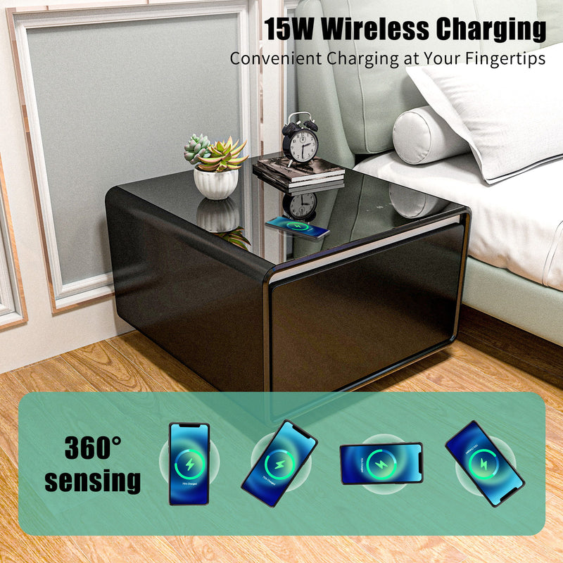 Modern Smart Side Table With Built-In Fridge, Wireless Charging, Temperature Control, Power Socket, USB Ports, Outlet Protection, Induction Light