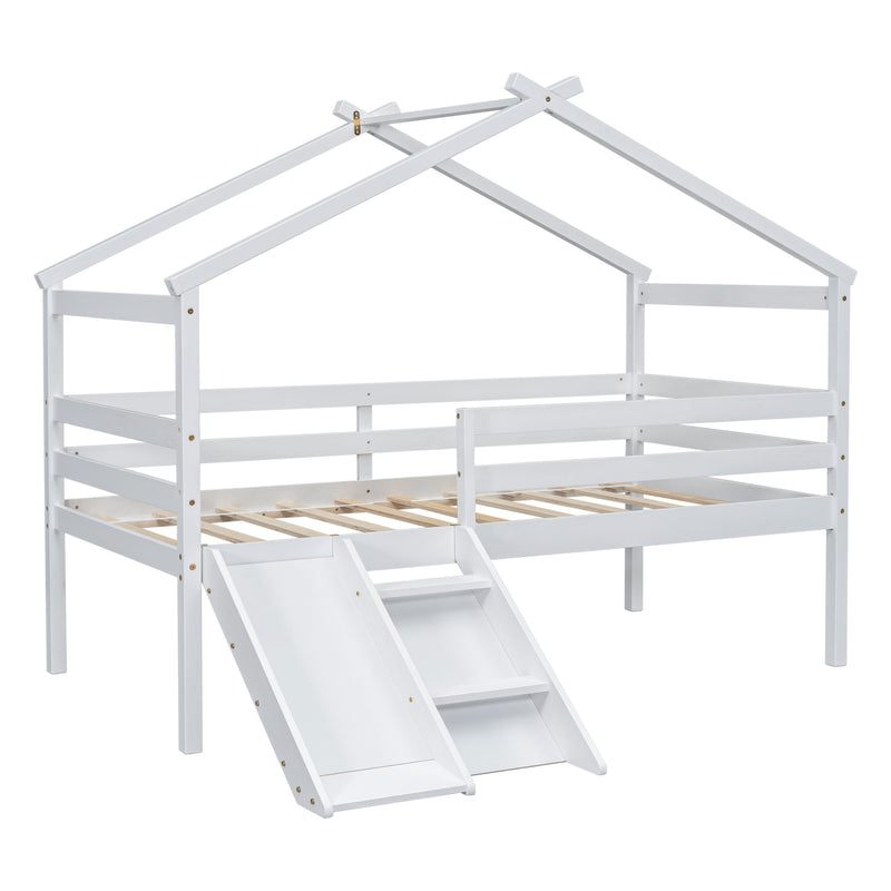 Low Loft House Bed With Slide, Ladder, Safety Guardrails, House Roof Frame