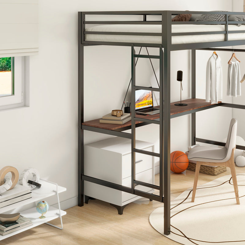 Adam - Twin Loft Bunk Bed With Cinnamon Wood Desk And Closet Rod - Black