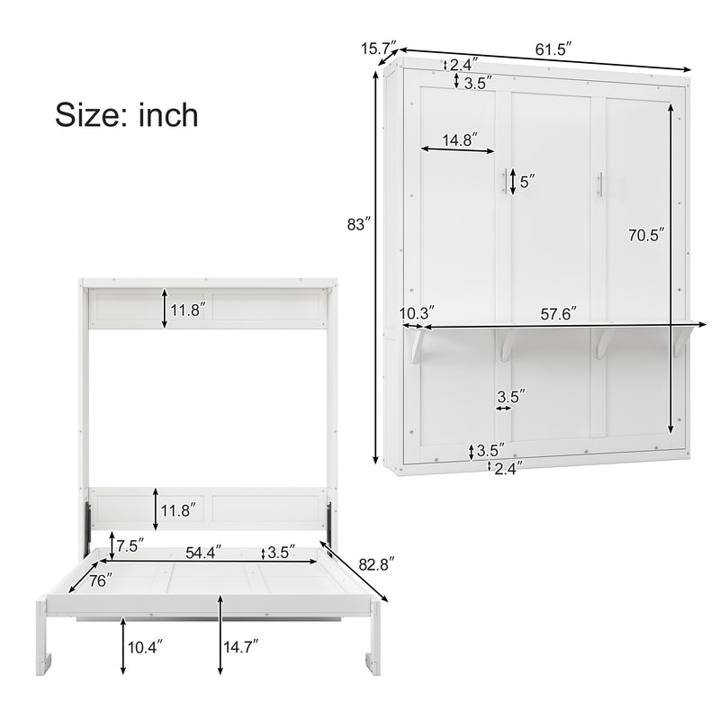 Full Size Murphy Bed,61.5-inch Cabinet Bed Folding Wall Bed with Desk Combo Perfect for Guest Room, Study, Office, White